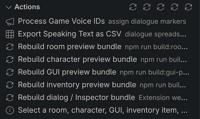 The Actions view with nothing selected: Process Game Voice IDs, Export Speaking Text as CSV, and a Rebuild button for the room, character, GUI, inventory and dialog/Inspector bundles.
