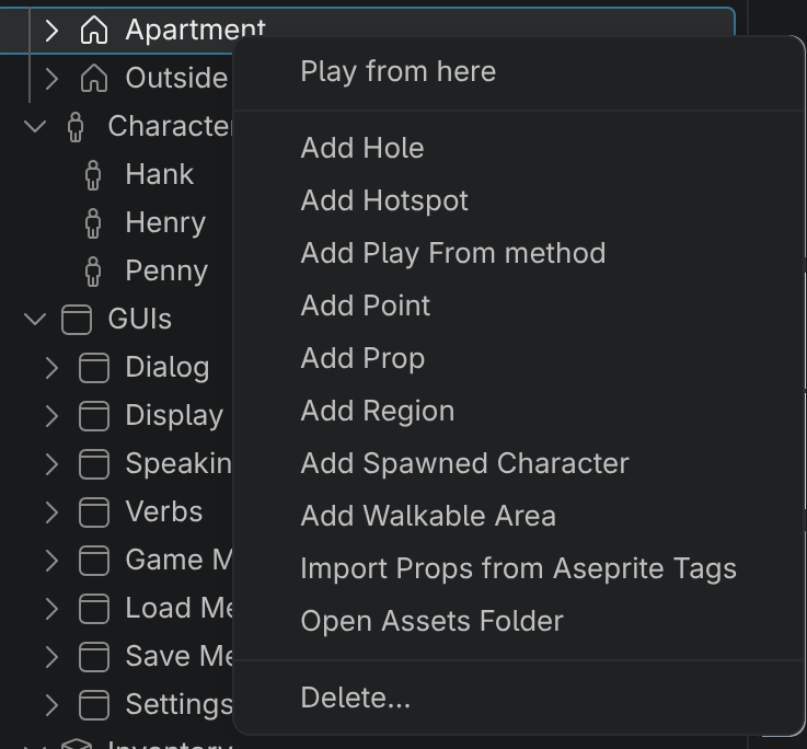 The right-click menu on a room: Play from here, then Add Hole, Hotspot, Play From method, Point, Prop, Region, Spawned Character and Walkable Area, Import Props from Aseprite Tags, Open Assets Folder, and Delete.