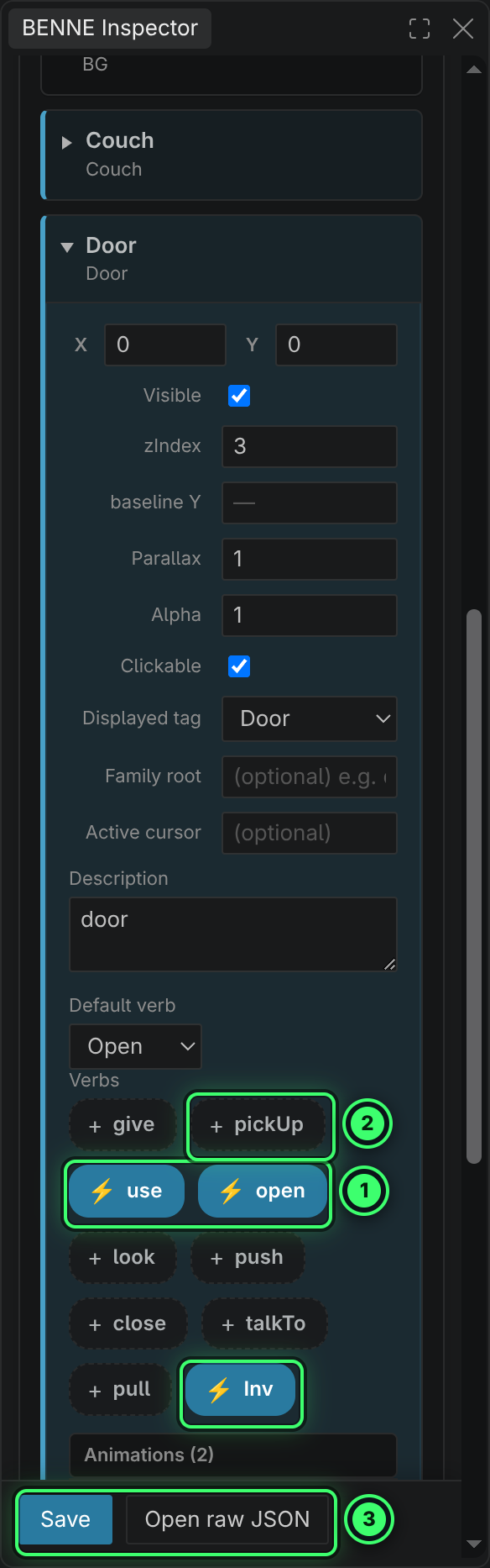 The Inspector showing the Door prop: position, visibility, z-index, baseline, parallax, alpha, clickable, displayed tag, description and default verb, then a chip for each verb, and Save and Open raw JSON buttons.