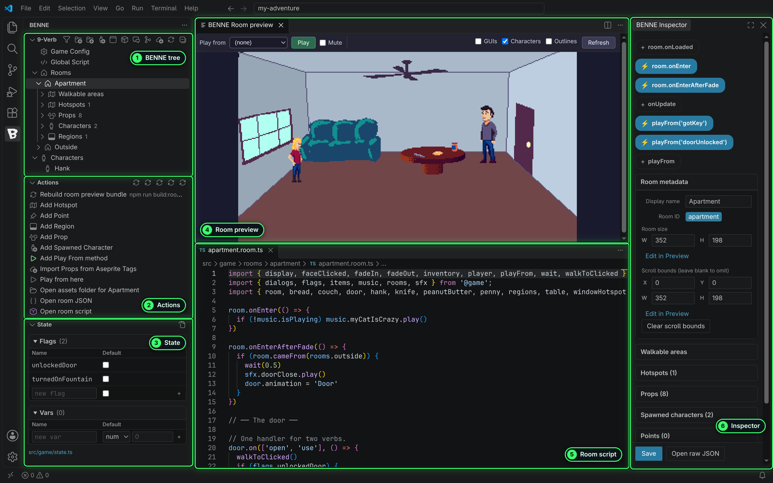 VS Code with the BENNE Editor open on the 9-verb template's apartment room: the BENNE tree, Actions and State views on the left, the room preview above the room script in the middle, and the Inspector on the right.