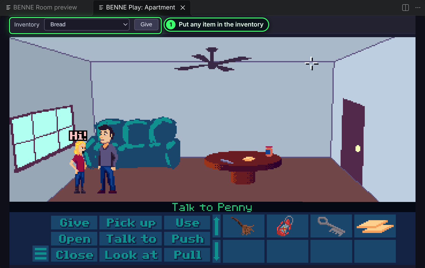 BENNE Play running the 9-verb template in a VS Code tab: Penny says Hi! to Hank in the apartment, above the nine-verb bar and inventory. An Inventory menu and Give button sit above the game.