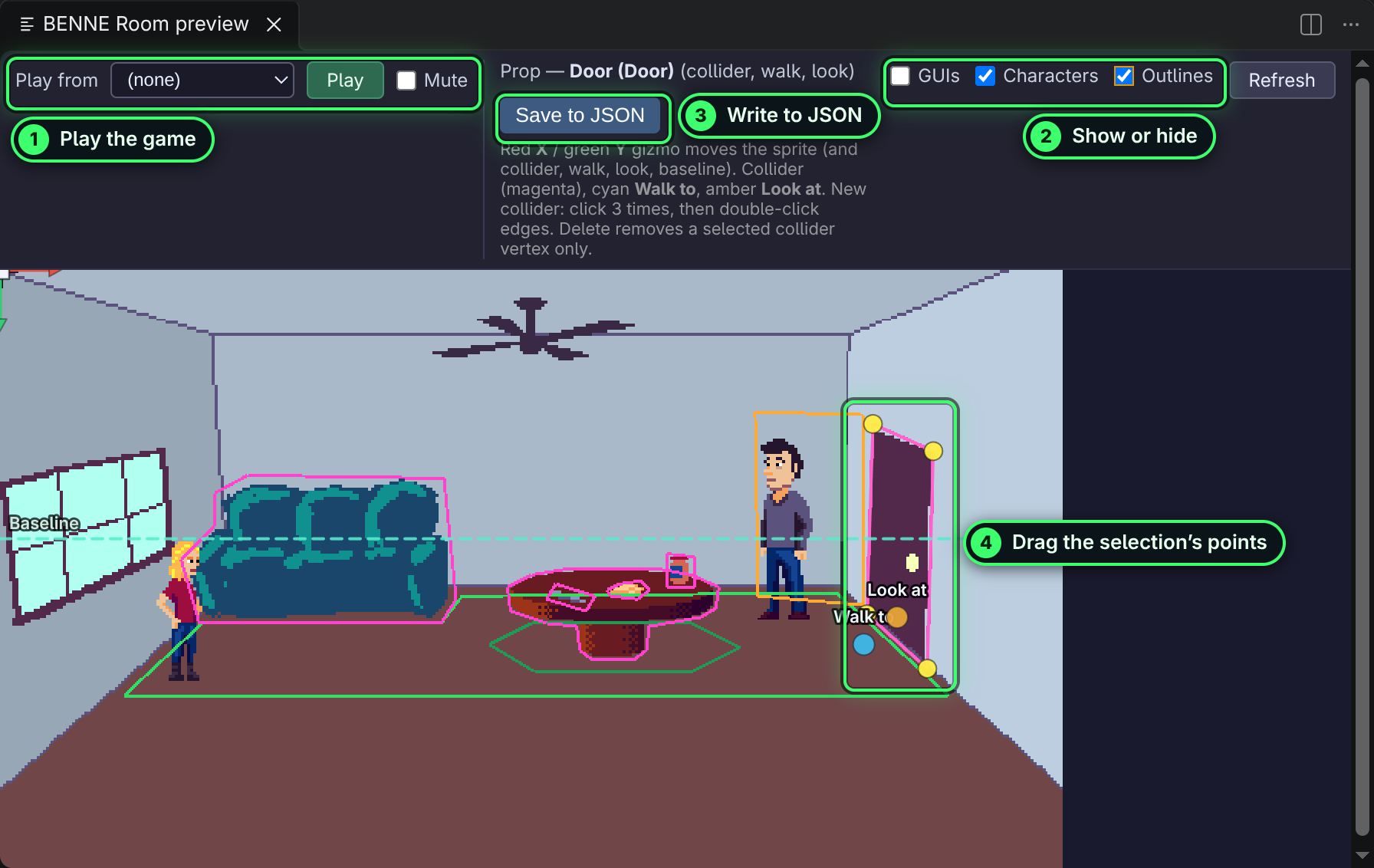 The room preview with Outlines on and the door selected: the Play from menu, Play button and Mute checkbox, Save to JSON, the GUIs, Characters and Outlines checkboxes, and the door collider with its walk-to and look-at points.