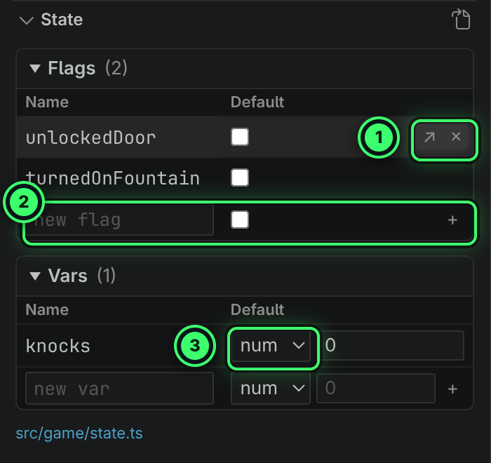 The State view: a Flags table with unlockedDoor and turnedOnFountain and a new flag row, and a Vars table with knocks, a num with default 0, and a new var row.