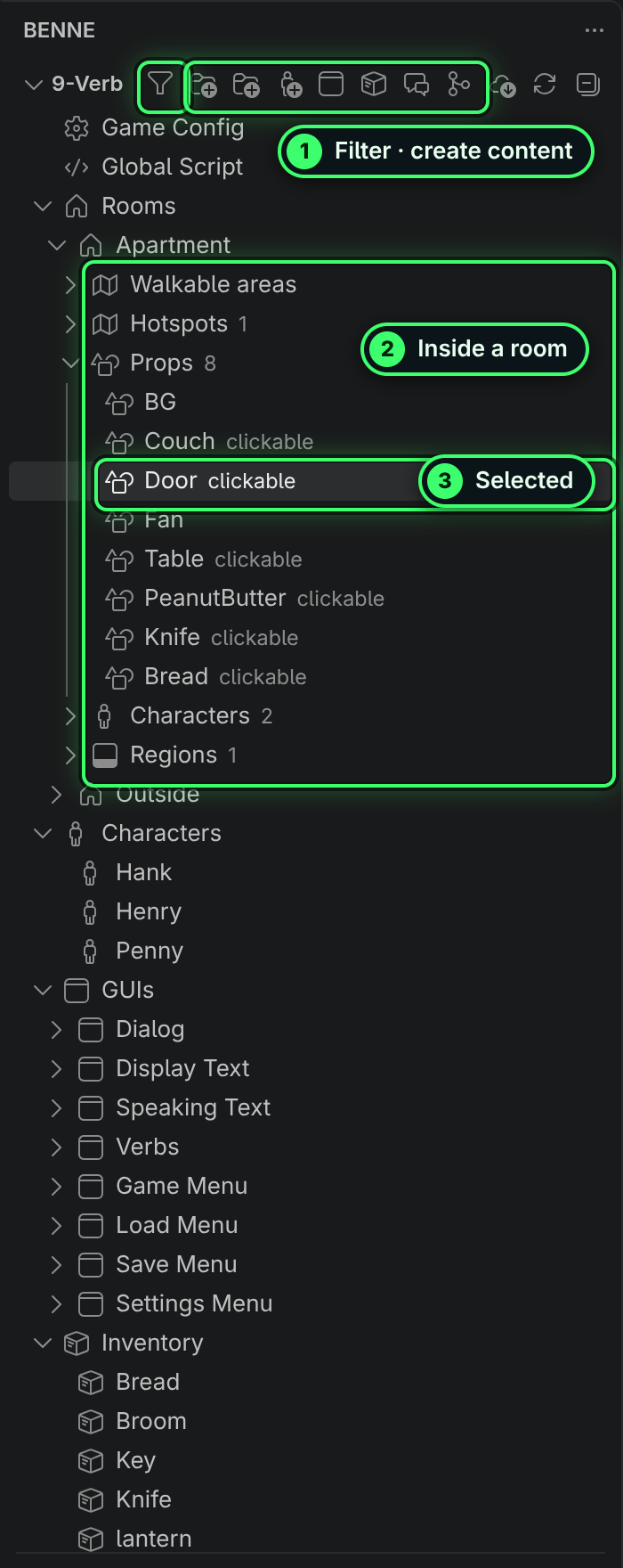 The BENNE tree: filter and create buttons in its title bar, then Game Config, Global Script, and Rooms with the apartment expanded to its walkable areas, hotspots, props, characters and regions. The Door prop is selected.