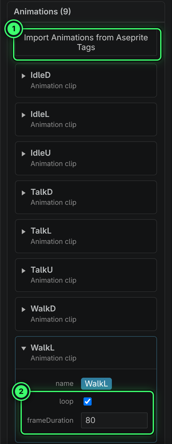 Hank’s animations in the Inspector: an Import Animations from Aseprite Tags button, then IdleD, IdleL, IdleU, TalkD, TalkL, TalkU and WalkD, and WalkL expanded to show loop ticked and frameDuration 80.