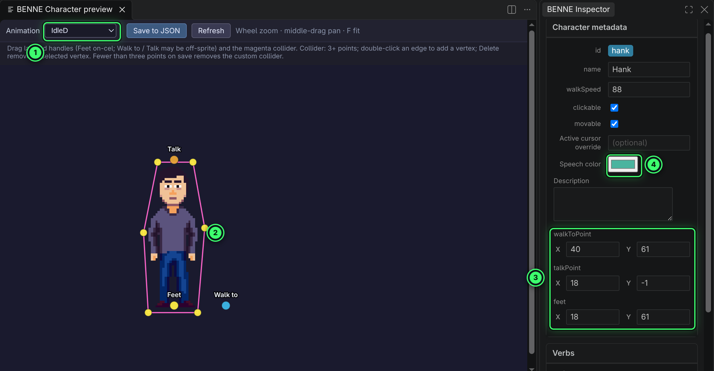 Hank in the character preview, zoomed in: a magenta collider around him with yellow points, Talk above his head, Feet between his shoes and Walk to beside him. The Inspector shows his name, walkSpeed 88, clickable, movable, speech colour, and walkToPoint, talkPoint and feet fields.