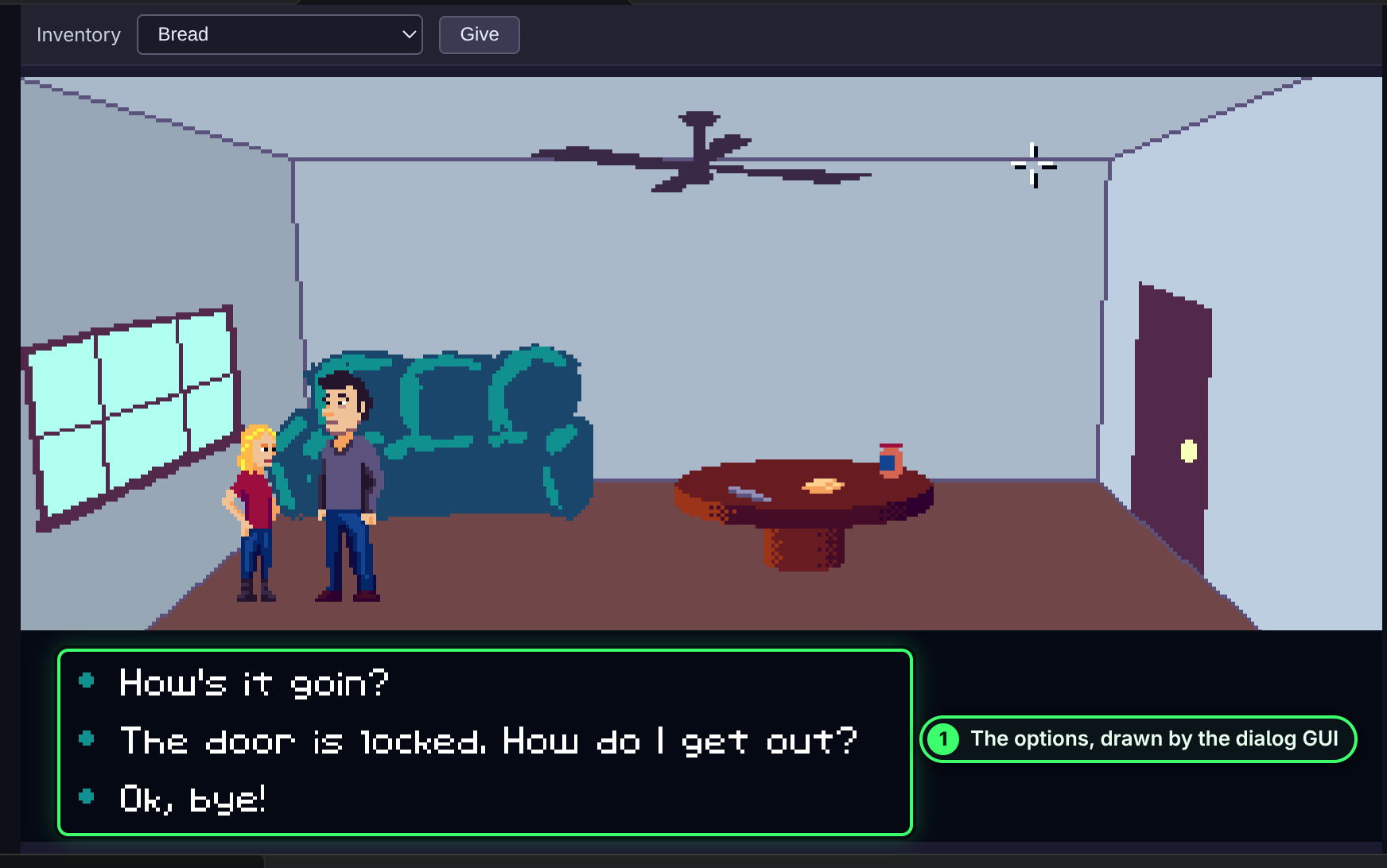 Penny’s dialog in BENNE Play: Hank and Penny stand by the couch, and below the room the three options are listed: How’s it goin?, The door is locked. How do I get out?, and Ok, bye!