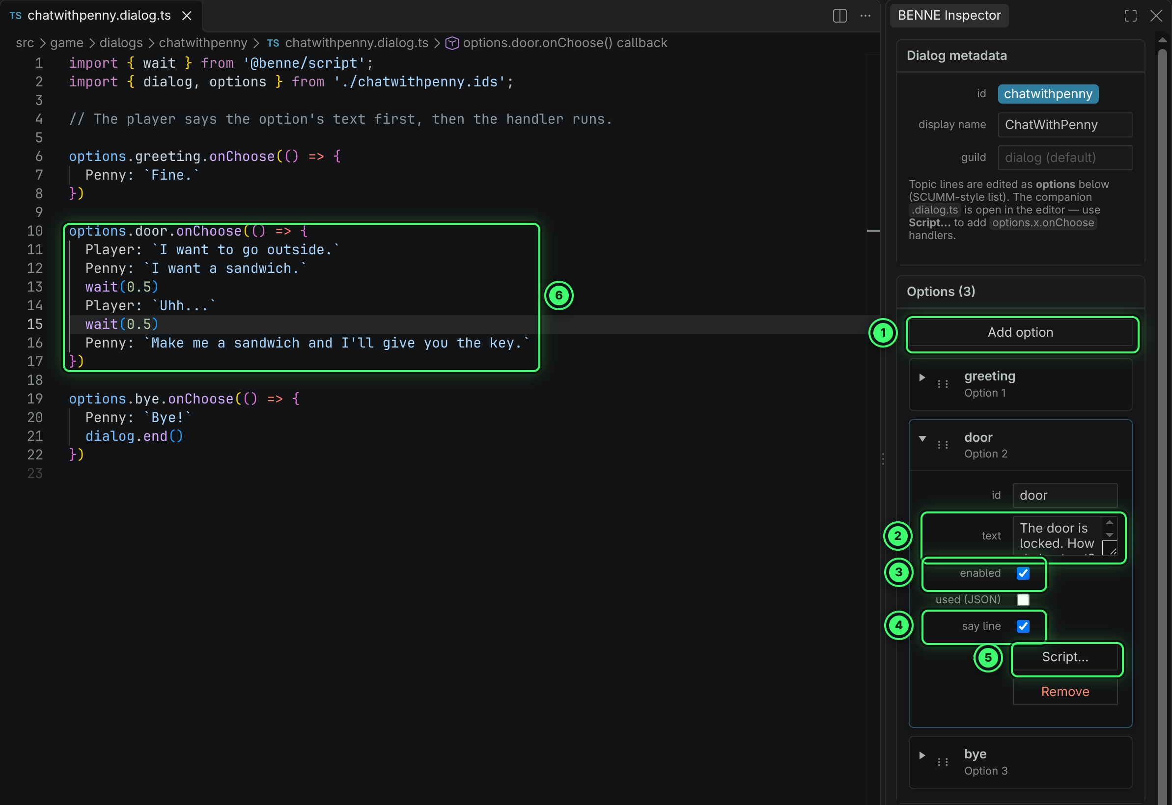 The ChatWithPenny dialog selected: its script open with handlers for greeting, door and bye, and the Inspector listing the three options with door expanded to show its id, text, enabled, used and say line fields and a Script button.