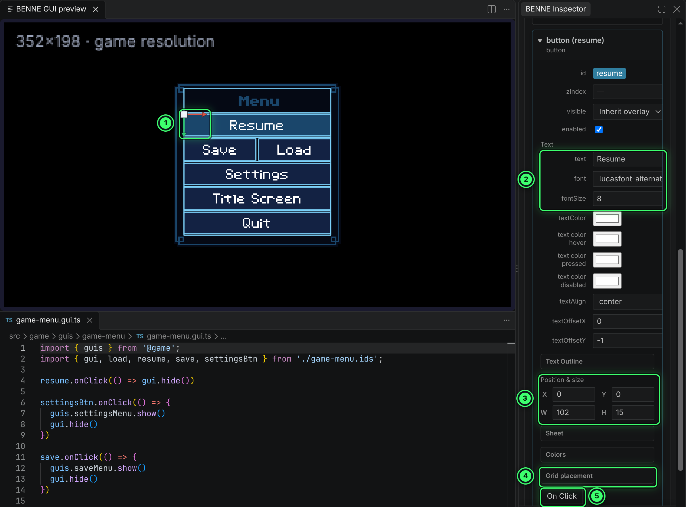 The game menu’s Resume button selected: a red and green gizmo on it in the GUI preview, and the Inspector showing its text, font and fontSize, text colours, Position and size, Grid placement and an On Click button.