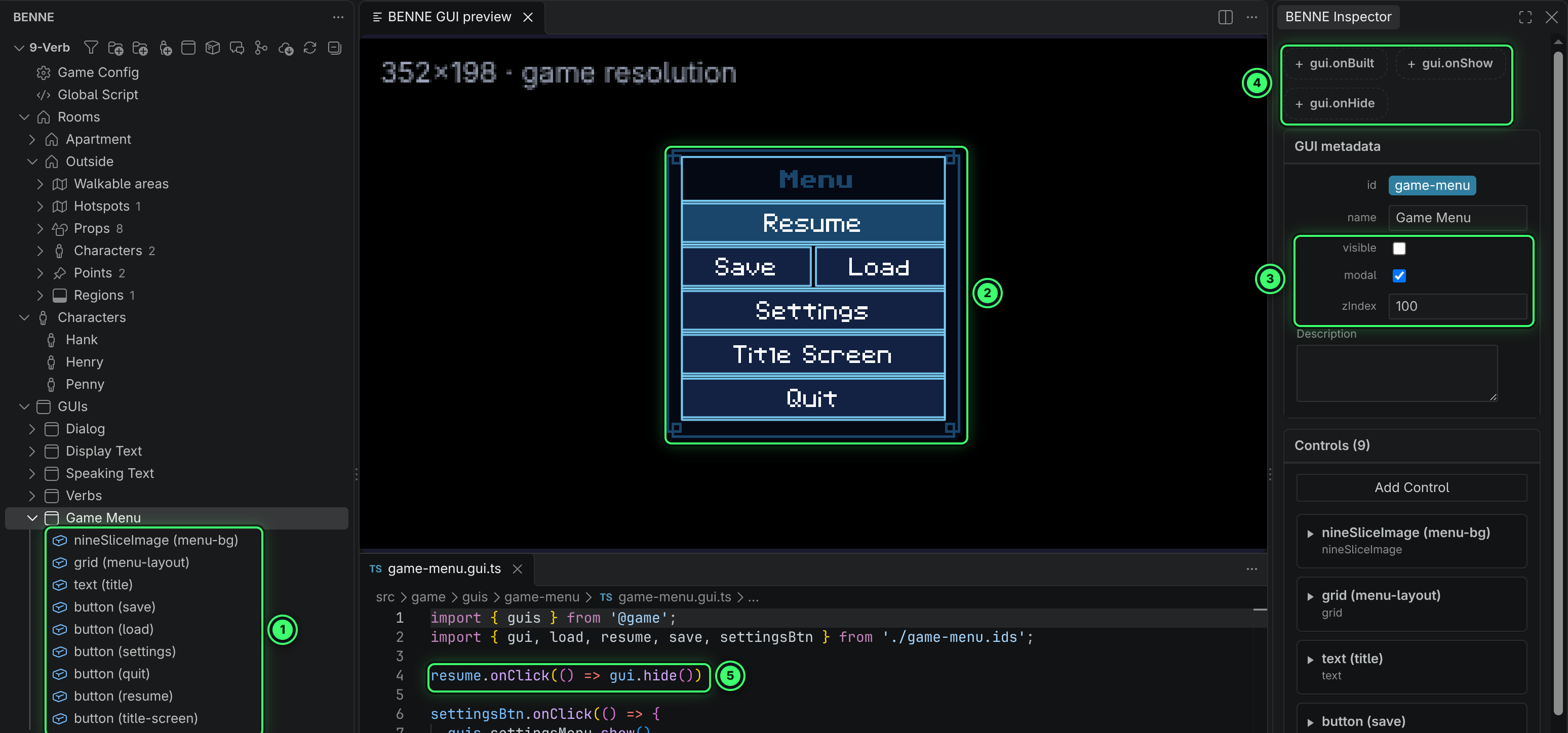 The game menu GUI selected: its controls listed in the BENNE tree, the menu drawn in the GUI preview at the game’s 352 by 198 resolution, the Inspector with visible off, modal on and zIndex 100 and chips for gui.onBuilt, gui.onShow and gui.onHide, and game-menu.gui.ts underneath.