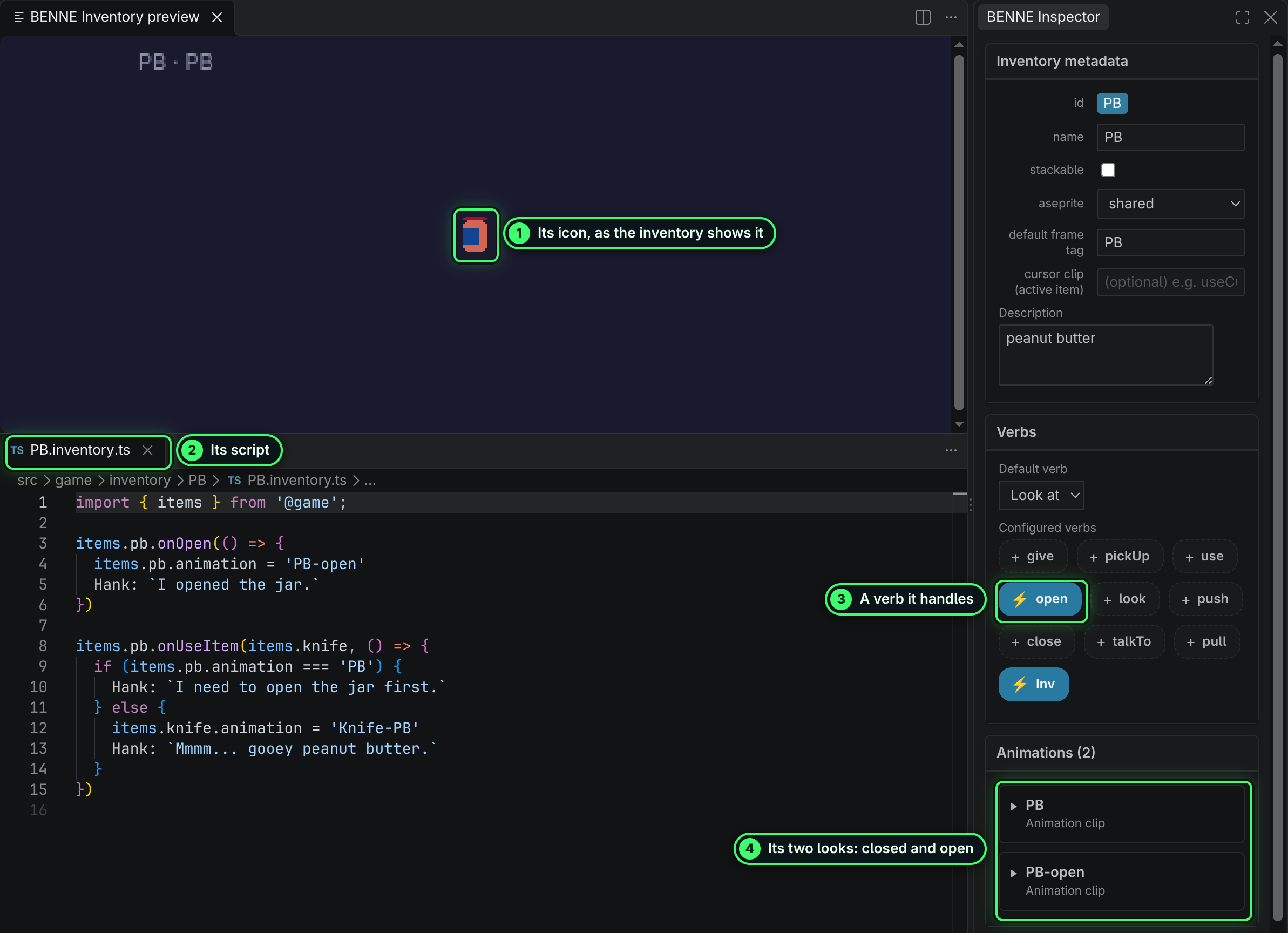 The PB item selected: the inventory preview showing the peanut butter jar icon, PB.inventory.ts underneath with its onOpen and onUseItem handlers, and the Inspector with its name, stackable, shared sheet, default frame tag, description, verb chips with open handled, and its PB and PB-open animations.