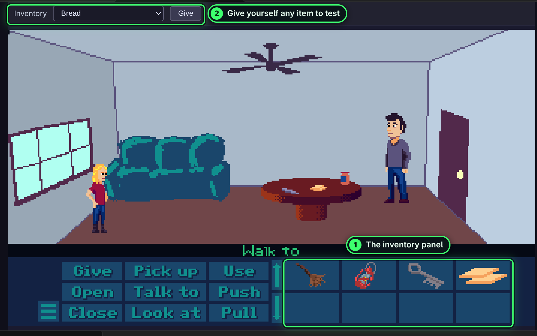 The 9-verb template running in BENNE Play: the verb buttons and, beside them, the inventory panel holding a broom, a lantern, a key and bread. Above the game, BENNE Play’s Inventory menu and Give button.