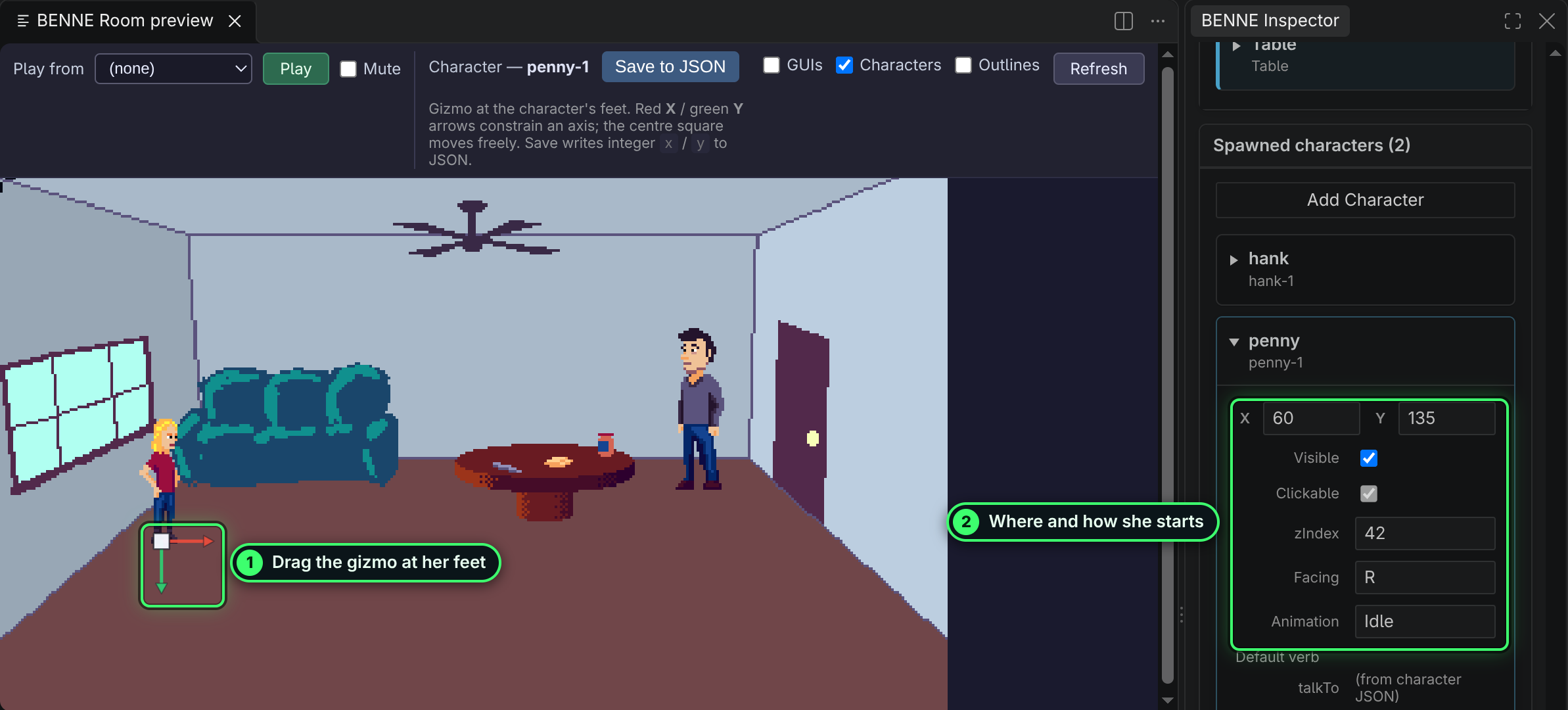 Penny selected in the apartment’s room preview with a red and green gizmo at her feet, and the Inspector showing her placement: X 60, Y 135, Visible, Clickable, zIndex 42, Facing R and Animation Idle.