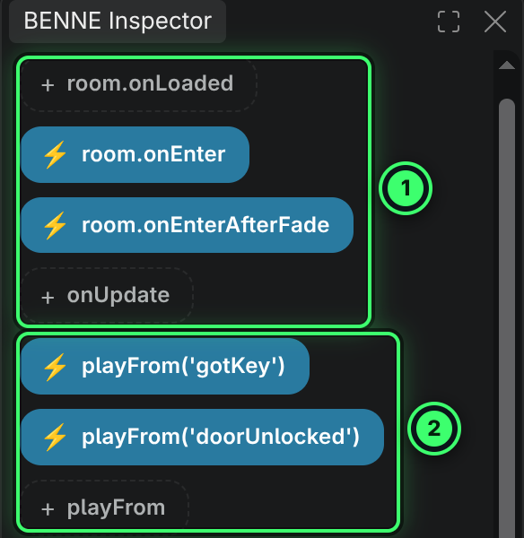 The top of the apartment’s Inspector: chips for room.onLoaded, room.onEnter, room.onEnterAfterFade and onUpdate, then playFrom(’gotKey’), playFrom(’doorUnlocked’) and + playFrom.