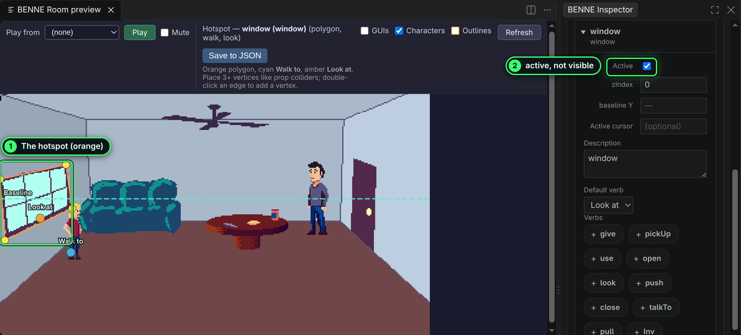 The apartment window hotspot selected: an orange polygon over the painted window with Walk to and Look at handles, and the Inspector showing its Active checkbox, zIndex, baseline, description and default verb.