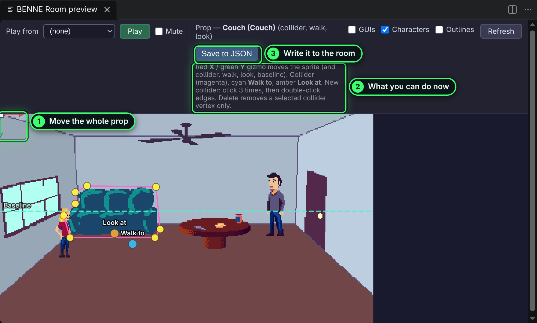 The apartment couch selected in the room preview: a magenta collider around it, cyan Walk to and amber Look at handles in front of it, the red and green gizmo at its top-left corner, and the toolbar with Save to JSON and a hint line.