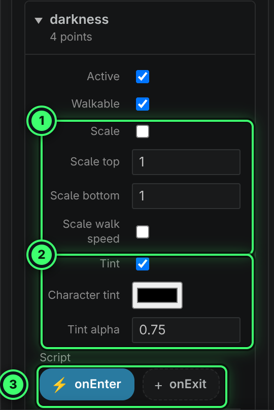 The darkness region in the Inspector: Active and Walkable checkboxes, Scale, Scale top, Scale bottom and Scale walk speed, Tint, Character tint set to black and Tint alpha 0.75, and onEnter and onExit script chips.