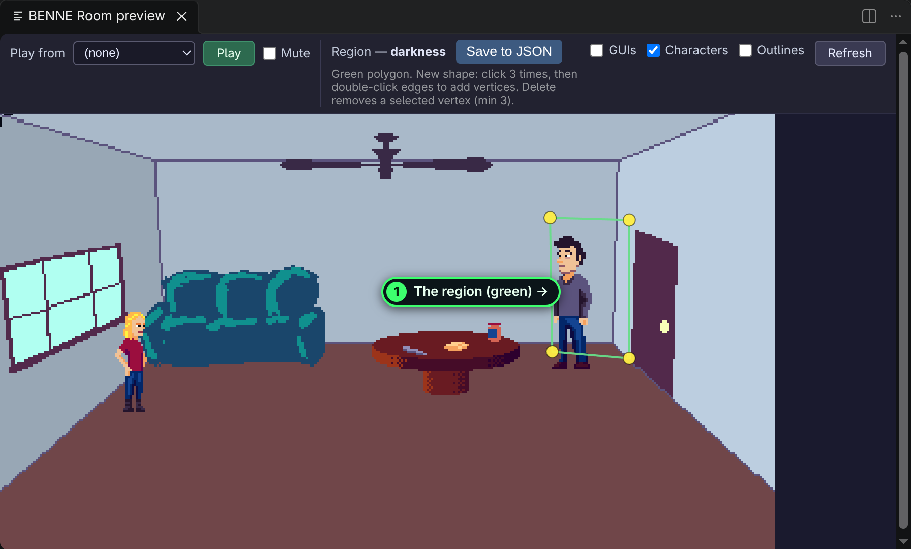 The apartment’s darkness region selected in the room preview: a green four-point polygon on the floor around Hank, by the door.